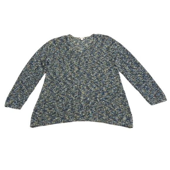 J Jill Sweater Womens Medium Blue Green V Neck Boucle Knit Pullover Sweatshirt - Picture 1 of 15